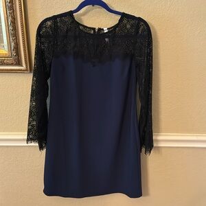 Women’s blue with black lace long belle sleeves and black lace bodice dress- M